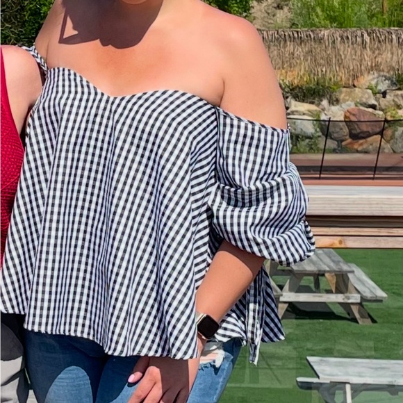 Black and white checked off the shoulder top - Picture 2 of 7